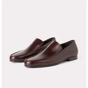 Women’s Summer Fashion Trend Leather Loafers Burgundy Cowhide Flat Round Toe Root Shoes