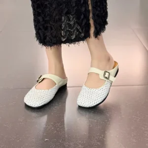 Women’s Summer Fashion Trend Single Des Sandales Slip-On Casual Flat Shoes Mule Sandals with Rhinestones, Genuine Leather