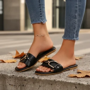 Women’s Summer Fashion Trend Slip On Flat Sandals Open Toe Breathable Strap Lightweight Non Slip Sole Casual Beach Walking PU
