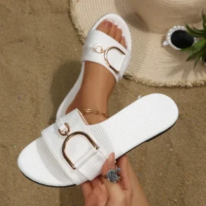 Women’s Summer Fashion Trend Slip On Flat Sandals Open Toe Breathable Strap Lightweight Non Slip Sole Casual Beach Walking Pu