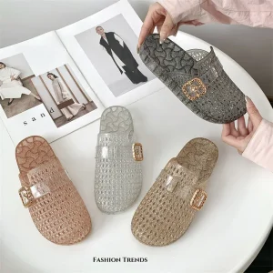 Women’s Summer Flat Cover Head Transparent PVC Fashion Shoes Sandals Woven Slip on Slipper Outdoor Beach Sandals Shoes Slides