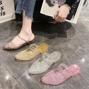 Women’s Summer Flat Cross Border Crystal Transparent Net Red Non Slip Jelly Plastic Simple Hollow Two Wear Sandalias De Mujer