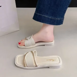 Women’s Summer Flat Non Slip Sandals Fashionable One Word Bathing Outdoor Flats Slides Slippers