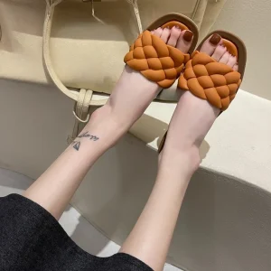 Women’s Summer Flat Slide Sandals Korean Style One Band Slip on Shoes Fashionable Anti Slip Outdoor Casual Slippers