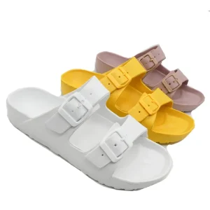 Women’s Summer Flip Flops Double Buckle Wear Soft-soled Beach Flats Stylish Thick Soled Roman Pillow EVA Slippers