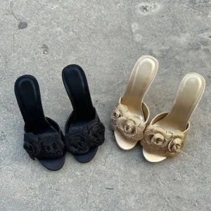 Women’s Summer Floral Applique Stiletto Heel Slides Fashion Sequin Beaded Mules 3D Flower Black Gold Party Slippers