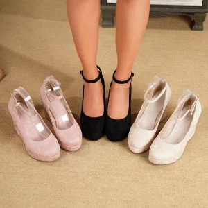 Women’s Summer Four Sloping Heel Wedge Shoes Microfiber Upper Lacing Buckle Cross Buckle Thick Sole Minimalist Ankle Strap Flats