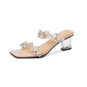 Women’s Summer Genuine Leather Rhinestones Open Toe 6.5cm Chunky Heel Slip On Roman Sandals