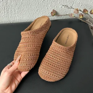 Women’s Summer Half Slip On Mule Flats Woven Toe Cap Outer Wear Beach Slippers