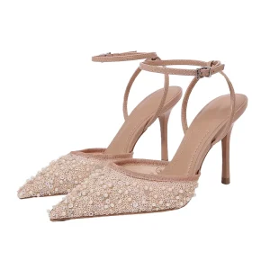 Women’s Summer High Heel Mules Shiny Mesh Pointed Toe One Strap Closed Sandals Open Back Counter Thin Heel Outdoor Shoes