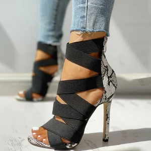 Women’s Summer High Heeled Sandals European American Roman Style Ultra High Thin Heel Elastic Strap Back Zipper PU Upper Toe
