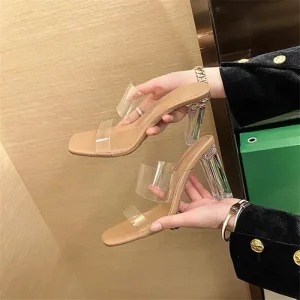 Women’s Summer High Heels Sandals Open Toe Slides Thick Heel Transparent Slipper Breathable