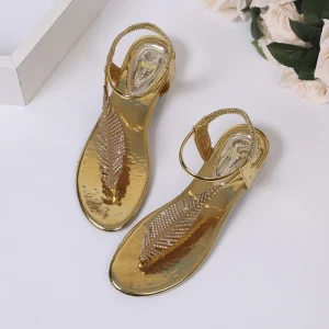 Women’s Summer High Quality Ladies Rhinestone Sandals Women Summer Golden Color Dress Sandals Shoes