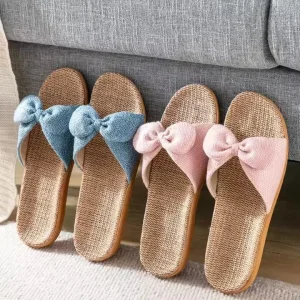 Women’s Summer Home Slippers Outdoor Non Slip Cool Beach Sandals Bowknot Linen Lighted Feature