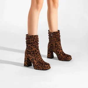 Women’s Summer Korean Western Ankle Boots Leopard Print Rhinestone Chunky Block Heel Platform Short Boots Party Fashion