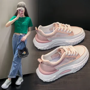 Women’s Summer Lace Mesh Breathable White Shoes Versatile Thick Soled Height Increasing Casual Shoes