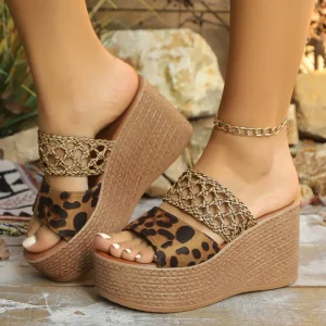 Women’s Summer Leopard Wedge Platform Sandals Plus Size Hollow Thick Slippers Small Foreign Trade Size for Outdoor Wear