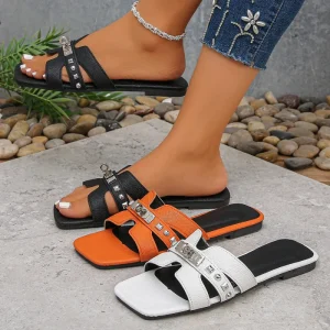 Women’s Summer Lightweight Breathable Cushioning Open Toe Webbing Upper Buckle Strap Solid Color Thin Heeled Flat Sandals Slip