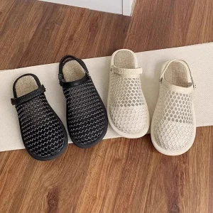 Women’s Summer Linen Flat Sandals One Piece Breathable Mesh Slip On Soft Soled Baotou Half Slippers Outer Wear with One Hole