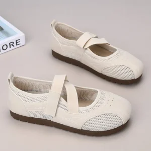 Women’s Summer Mary Jane Flats Casual Shoes Non-Slip Breathable Mesh Upper Adjustable Hook Loop Closure Solid Pattern