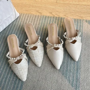 Women’s Summer New Chunky Heel Korean Style Pointed Toe Half Slippers Buckle Strap Outdoor Low Heel Fairy Sandals Baotou