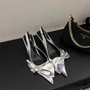 Women’s Summer New Elegant Closed Toe Pumps Bow Knot Decor Fairy Style French High Heels Ins Popular Dress Shoes