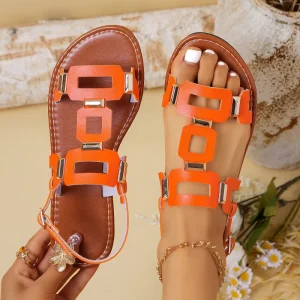 Women’s Summer New Fashion Thick Sole Leisure Word Print Flat Sandals Soft Soles Non Slip Flat Sandals for Spring