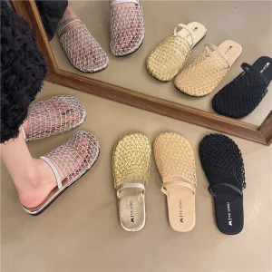 Women’s Summer New Mesh Woven Hollow Out Mules Round Toe Closed Toe Flat Non Slip Sandals