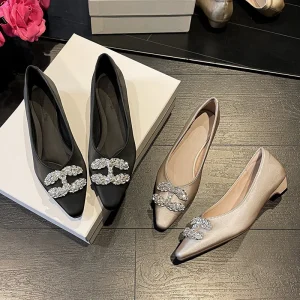 Women’s Summer Office Banquet Wedding Pumps Thin Heel Shallow Mouth Pointed Rhinestones Water Metal Buckle Slip On Fashion Trend