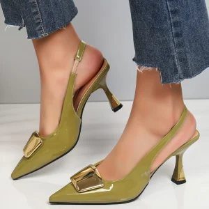 Women’s Summer Olive Green Patent Leather Pointed Toe High Heel Slingback Sandals Rhinestone Gold Buckle Sculptural Heel Dress