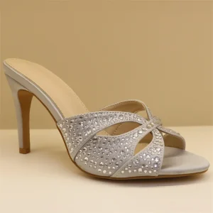 Women’s Summer Open Toe Mules Crystal Slides with Pavé Embellishments & Plush Footbed Thin Heel Design