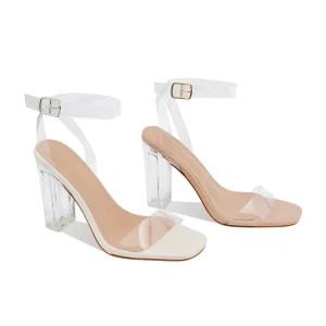 Women’s Summer Open Toe Sandals Breathable Crystal Thick Mid Heels One Word Slip On Closure Light Weight Anti Slip High Top