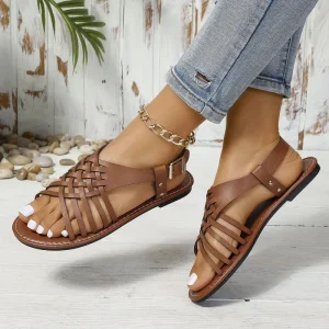 Women’s Summer Open Toe Sandals Plus Size Retro Cross Belt Beach Shoes Flat Buckle Lightweight