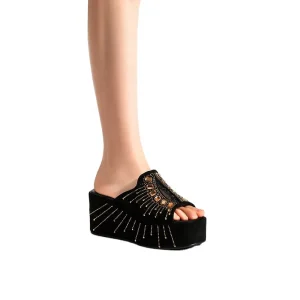 Women’s Summer Outdoor Anti-Slip Open Toe Slide Mules Black Wedge Platform Gold Rhinestone Embellishment Slip-On