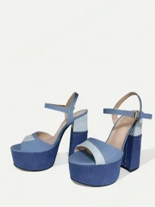 Women’s Summer Outdoor Chunky Heel High Heel Sandals Denim Upper Solid Color Buckle Strap Platform Fashion Trend 14.8cm Heel