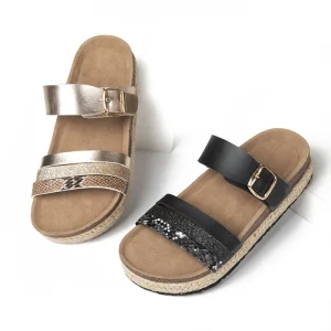Women’s Summer Outdoor Flat Mid-Heel Cork Slippers Square Buckle Comfortable Casual Fashion Shoes