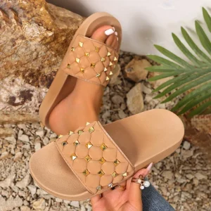 Women’s Summer Outdoor Flats with Round Toe Metal Rivet Decor Waterproof Anti-Slip PU Upper for Daily Wear