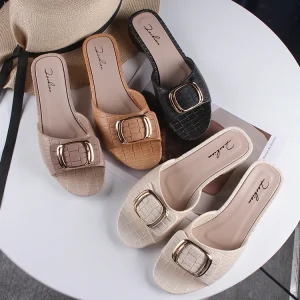 Women’s Summer Outdoor Korean Style Flat Daily Low Heel Sandals New Thick Heel Slipper Outerwear Slip On Shoes