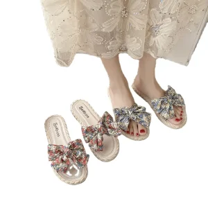 Women’s Summer Outdoor Lightweight Anti-Slip All-Match Fairy Style Sweet Bow Flat Beach Sandals for