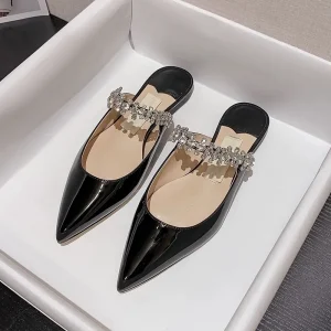 Women’s Summer Outdoor Patent Leather Pointed Diamond Flat Ankle Strap Crystal Lace Mary Jane Lightweight