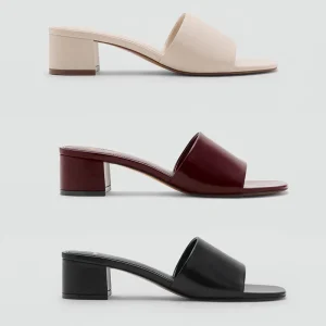 Women’s Summer Patent Leather Slippers Square Toe Chunky Heel One-Strap Mules for Outdoor