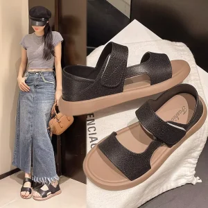Women’s Summer Platform Sandals Slip-On Outdoor Casual Beach Shoes Thick-Soled Roman Style PU Upper Rubber Midsole Toe