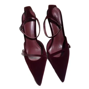 Women’s Summer Pumps Waterproof Wine Red Suede Pointy High Heels Fine Buckle Thin Heel