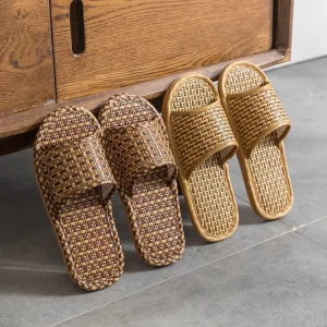 Women’s Summer Rattan Straw Slippers Mute Indoor Soft Non-slip Breathable Four Seasons Comfortable Mat Men’s Box Packed