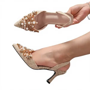 Women’s Summer Rhinestone Pearl Stiletto Heel Fabric Embroidery Glitter Pointed Toe Wedding Sandals European