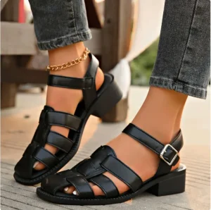 Women’s Summer Sandals Retro Toe Buckle Plus Size Women’s Flat Sandals