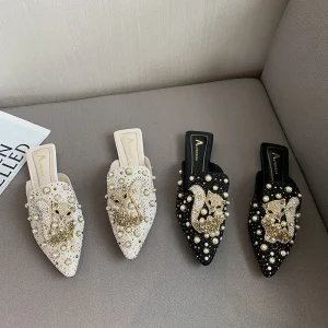 Women’s Summer Sandals with Rhinestones Pointed Toe Slippers Flat Shoes Luxury Inspired Party Flats