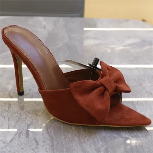 Women’s Summer Sexy Open Toe High Heel Mules Glossy Faux Suede Upper Slip On Backless Slides with Stiletto Heel