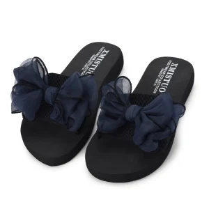 Women’s Summer Slide Sandals Open Toe Stretch Fabric Slip on Nonslip Casual Beach Style with Bow Knot