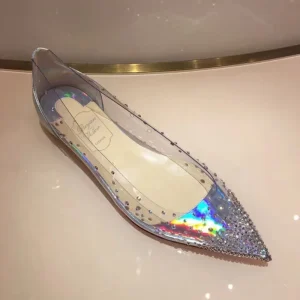 Women’s Summer Slip-On Solid Transparent Rhinestone PVC Upper Pointed Low Heel Flat Bridal Wedding Shoes Silver Stars